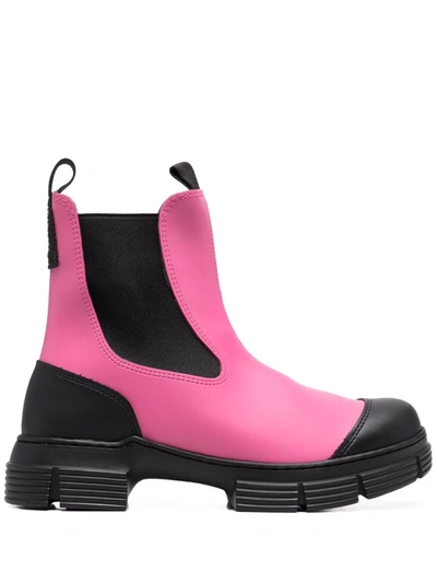 Ganni Two-tone Recycled Rubber Ankle Boots In Black,fuchsia