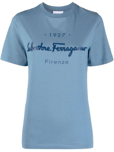 Ferragamo Logo Print Cotton Jersey T-shirt In Blue