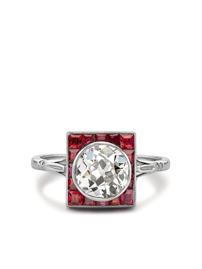 Pre-owned Pragnell Vintage 1911-1940 Platinum Art Deco Ruby Plaque And Diamond Ring In Silver
