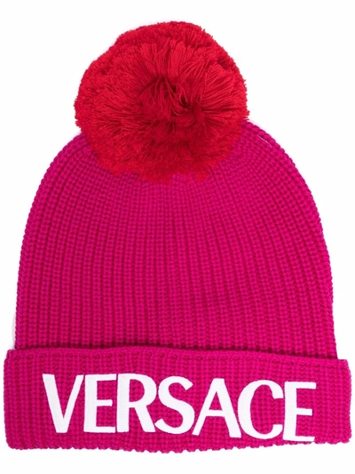 Versace Logo羊毛针织便帽 In Pink,red