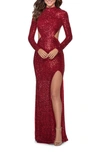 La Femme Sequin Long Sleeve Cutout Gown In Red