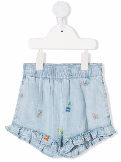 Stella Mccartney Babies' Floral Embroidered Chambray Shorts In Blue