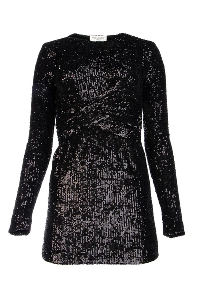saint laurent glitter mini dress Saint Laurent Glitter Deep V Mini Dress in Black
