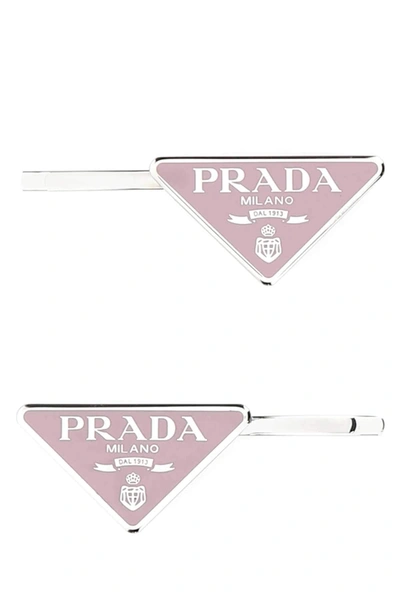 Prada Triangle Logo Hair Clip Set In Pink