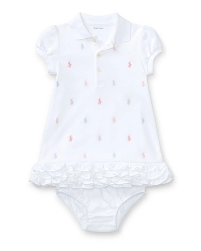 Ralph Lauren Babies' Logo Embroidery Ruffle Hem Polo Dress With Bloomers In White