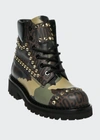 MOSCHINO MEN'S STUDDED LOGO CAMO-PRINT COMBAT BOOTS,PROD159420058