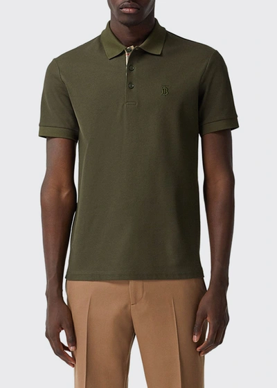 Burberry Men's Eddie Polo Shirt W/ Check Detail In Olive