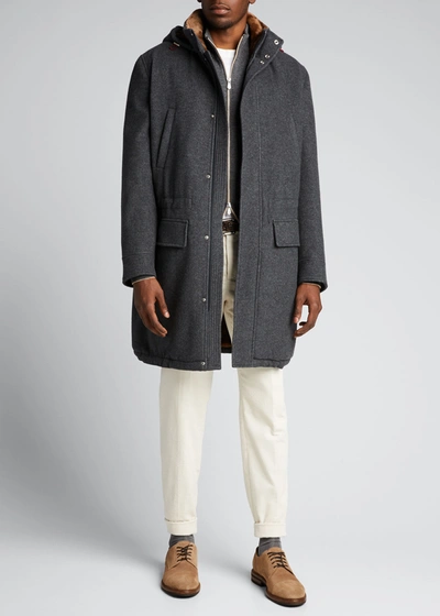 Brunello Cucinelli Men's Shearling-lined Cashmere Parka Coat In Gray