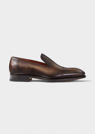 Bontoni Men's Burnished Leather Cap-toe Loafers In Grey Cioccolato