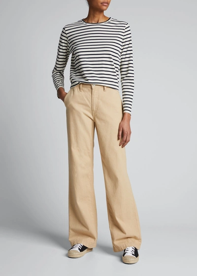 Kule Crewneck Long-sleeve Striped Cotton Top In Cream/navy