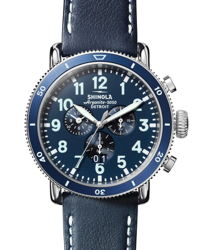 Shinola The Runwell Sport Chronograph Leather Strap Watch, 48mm In Blue