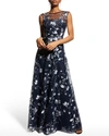 Rickie Freeman For Teri Jon Cap-sleeve Embroidered Tulle A-line Gown In Navy Silver