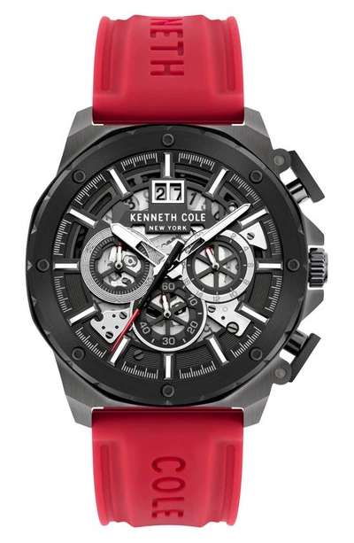 Kenneth Cole New York Skeletal Chronograph Silicone Strap Watch, 45mm In Red