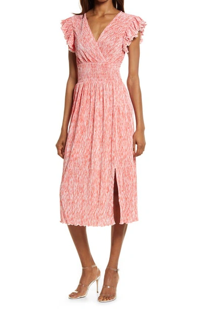 Chelsea28 Flutter Sleeve Plissé Midi Dress In Coral Peach Camo Print