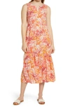 Beachlunchlounge Ireana Tiered Ruffle Midi Dress In Pink Sun Palms