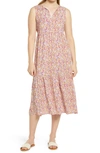 Beachlunchlounge Ireana Tiered Ruffle Midi Dress In Pink Blossoms