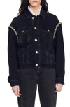 Sandro Paloma Faded Embellished Denim Jacket In Black
