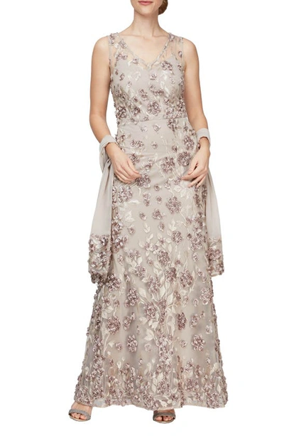 Alex Evenings 3d Rosette Gown With Shawl In Champagne