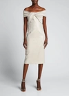 Rickie Freeman For Teri Jon Twisted Off-shoulder Stretch Metallic Dress In Champagne/gold