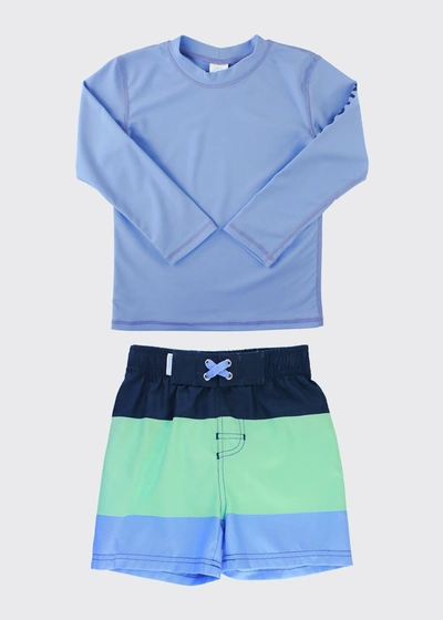 Ruggedbutts Boy's Solid Rash Guard W/ Printed Swim Trunks In Blue Cb