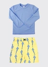 Ruggedbutts Boy's Solid Rash Guard W/ Printed Swim Trunks In Blue Jawsome