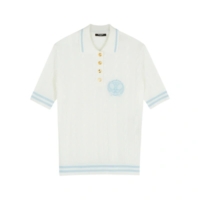 Balmain Embroidered Cable-knit Merino Wool Polo Shirt In White