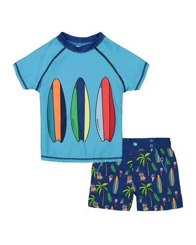 Andy & Evan Kids' Boy's Dog Print Short-sleeve Rash Guard W/ Matching Swim Shorts In Blue Surf