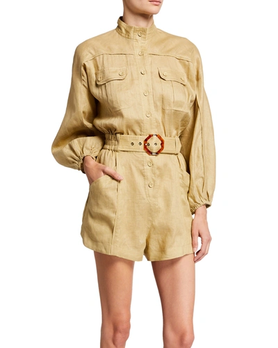 Zimmermann Estelle Belted Linen Playsuit In Khaki