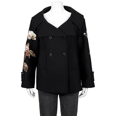 Valentino Floral Embroidered Double Breasted Wool Peacoat In Black Multi