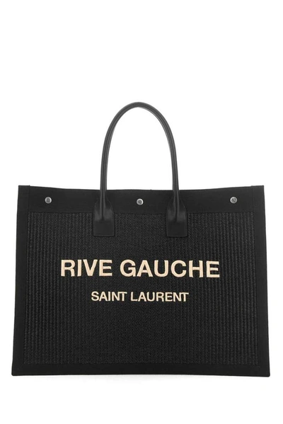 Saint Laurent Raffia And Leather Large Rive Gauche Shopping Bag In Black