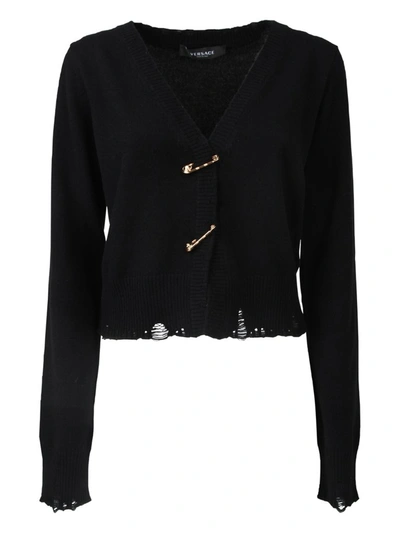 Versace Embellished Distressed Cashmere And Wool-blend Cardigan In Nero