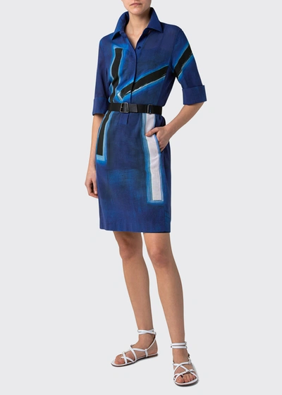 Akris Abstract Print Chemise Cotton Shirtdress In Blue