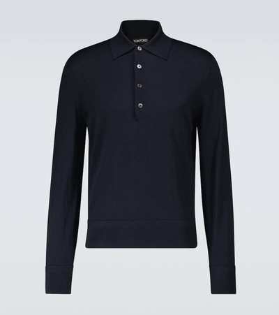 Tom Ford Merino-wool Long-sleeved Polo Shirt In Blue