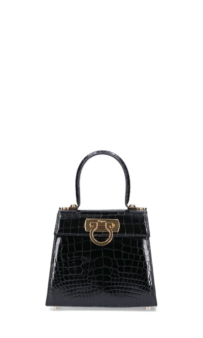 Ferragamo Alligator "gancini" Top Handle Bag In Nero