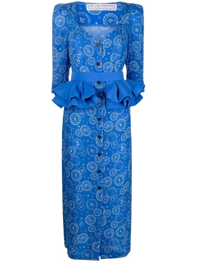 Ulyana Sergeenko Logo-print Ruffled Midi Dress In Blau