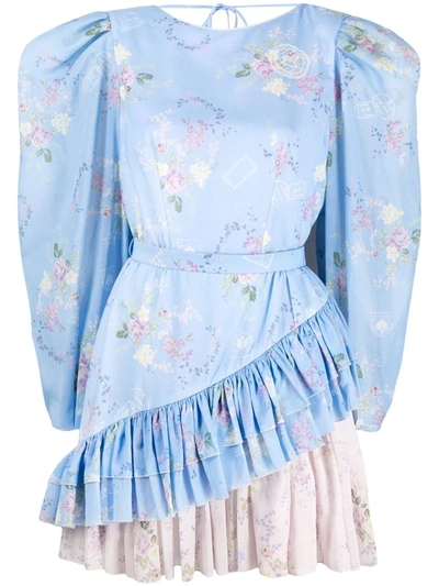 Ulyana Sergeenko Floral-print Two-tone Mini Dress In Blau