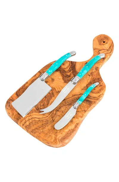 French Home Olive Wood 13-inch Cheese Board & Set Of 3 Laguiole Cheese Knives W/ Faux Turquoise Handles