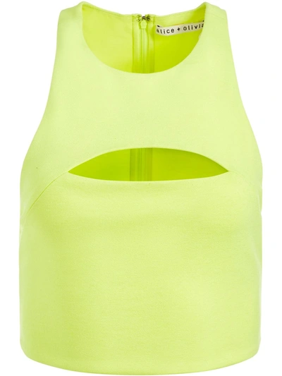Alice And Olivia Floria Cropped Cutout Neon Stretch-jersey Top In Neon Keylime