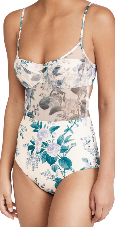 Zimmermann Cassia Balconette Floral One-piece Swimsuit In White/blue