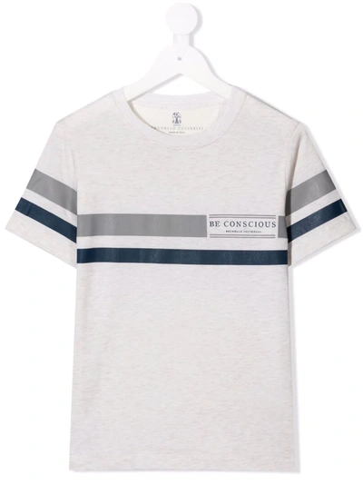 Brunello Cucinelli Kids' Stripe-print Cotton T-shirt In Neutrals