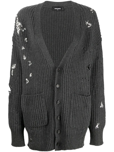 Dsquared2 Crystal-embellished Distressed-effect Cardigan In Grey