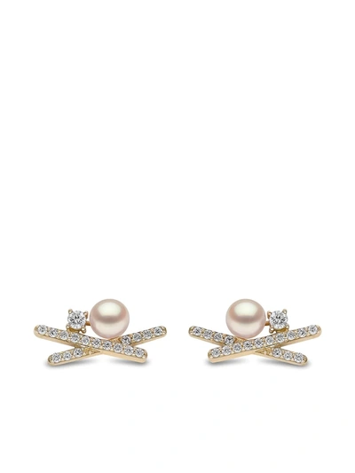 Yoko London 18kt Yellow Gold Sleek Akoya Pearl Diamond Stud Earrings