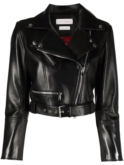 Alexander Mcqueen Biker Leather Cropped Jacket In Black