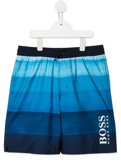 Bosswear Teen Logo-print Striped Swims Shorts In 蓝色