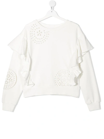 Monnalisa Perforated Ruffled Sweatshirt In 白色