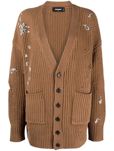 Dsquared2 Crystal-embellished Distressed-effect Cardigan In Brown