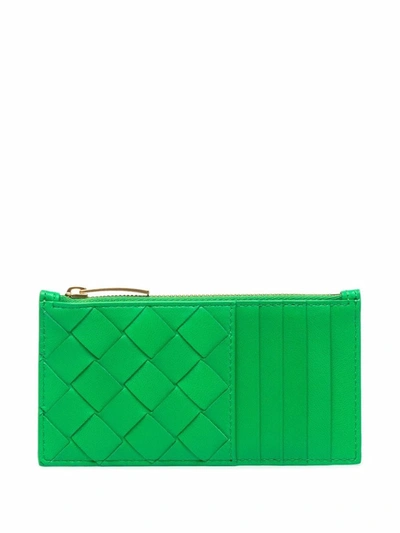 Bottega Veneta Leather Intrecciato Zipped Card Holder In Green
