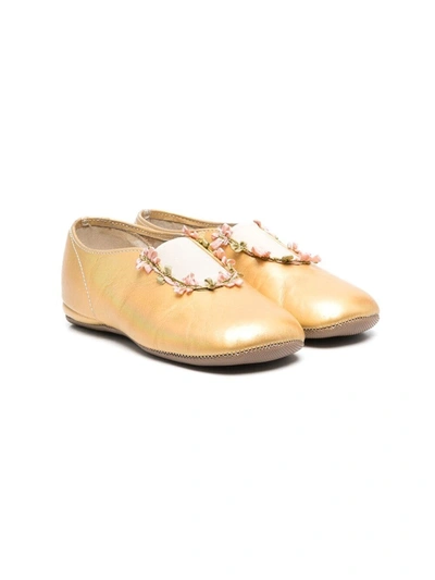 Pèpè Kids' Rose-embroidered Ballerina Shoes In Gold