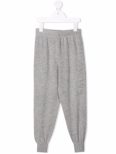 Balmain Kids' Logo-debossed Marl-knit Track Trousers In Grey