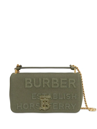 Burberry Small Lola Bag In Cotton And Linen Canvas With Horseferry Lettering In Dark Green